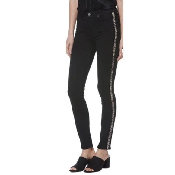 Paige, “Hoxton Ankle” High Rise Skinny Jeans, Leopard Side Stripe, Size 29 Black - Picture 1 of 16